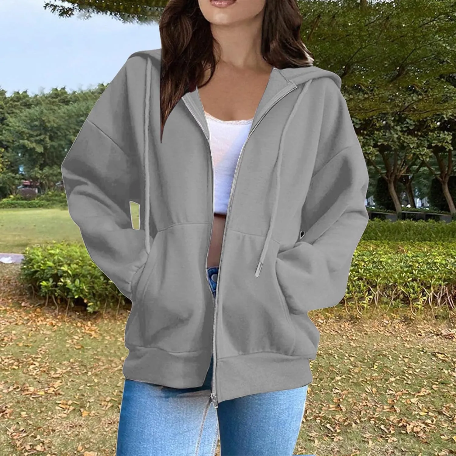 Zip Up Hoodie Women Long Sleeve Oversized Sweatshirt for Women Y2k Jacket with Pockets Fall Clothes 2024