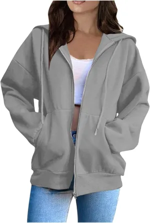 Zip Up Hoodie Women Long Sleeve Oversized Sweatshirt for Women Y2k Jacket with Pockets Fall Clothes 2024