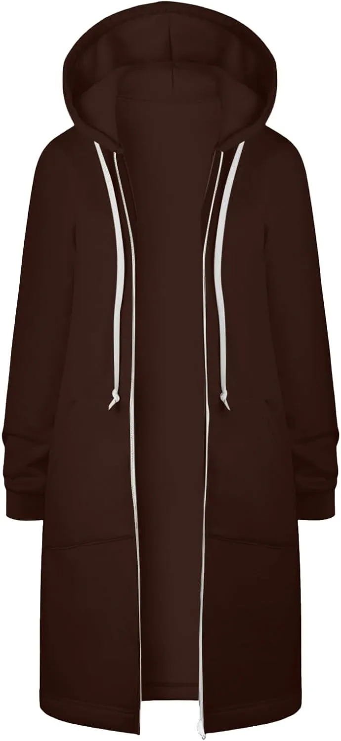 Zip Up Long Hoodies Womens Fleece Long Sleeve Oversized Jacket Fall Lightweight Tunic Hooded Sweatshirt with Pockets