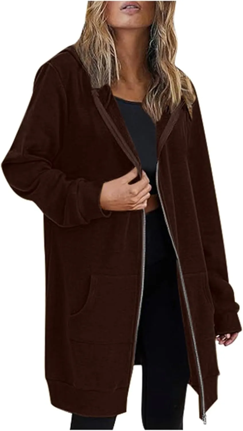 Zip Up Long Hoodies Womens Fleece Long Sleeve Oversized Jacket Fall Lightweight Tunic Hooded Sweatshirt with Pockets
