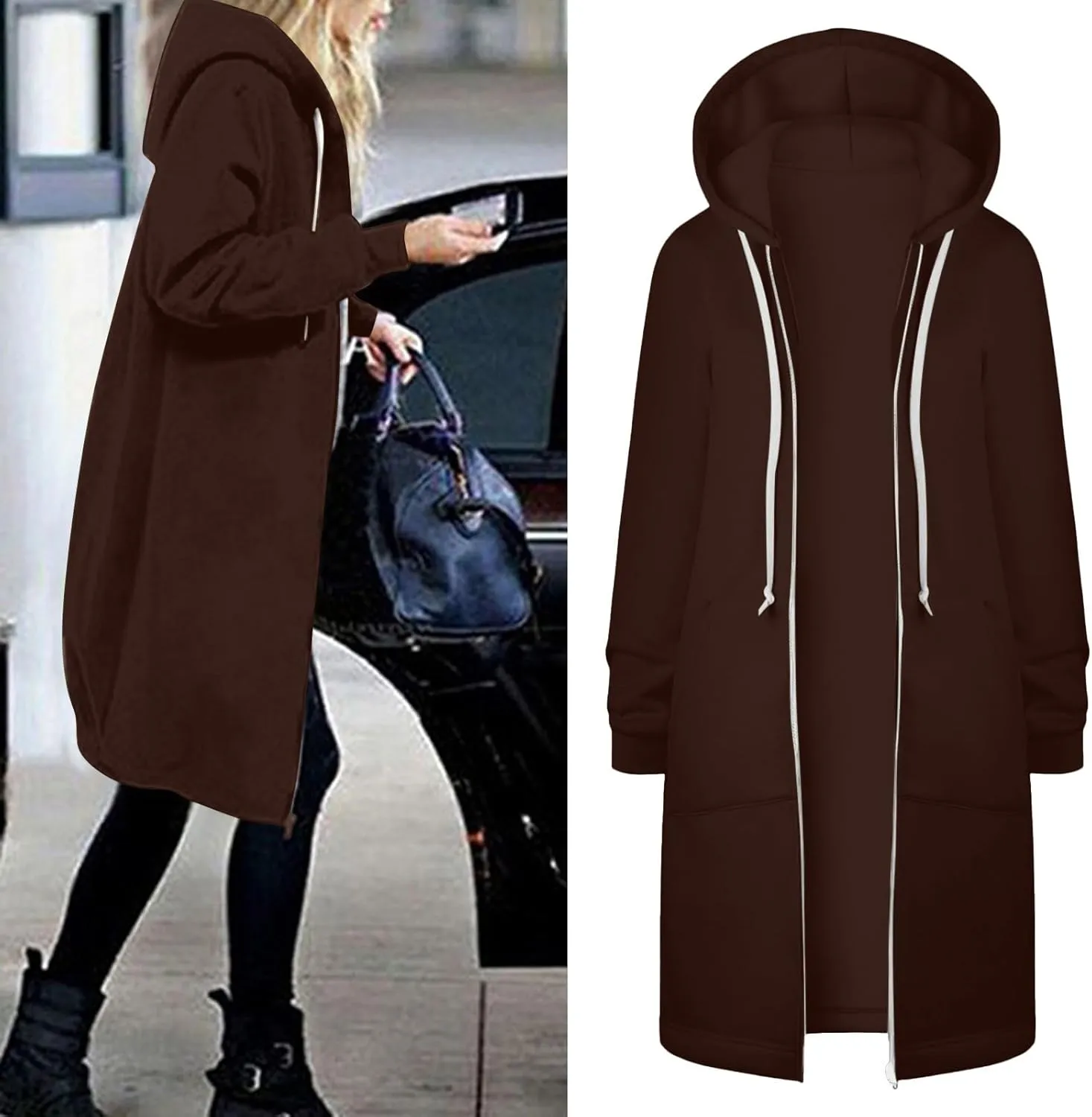 Zip Up Long Hoodies Womens Fleece Long Sleeve Oversized Jacket Fall Lightweight Tunic Hooded Sweatshirt with Pockets