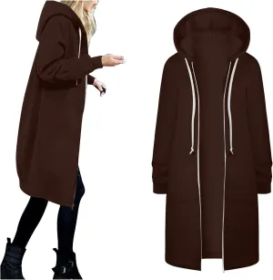 Zip Up Long Hoodies Womens Fleece Long Sleeve Oversized Jacket Fall Lightweight Tunic Hooded Sweatshirt with Pockets