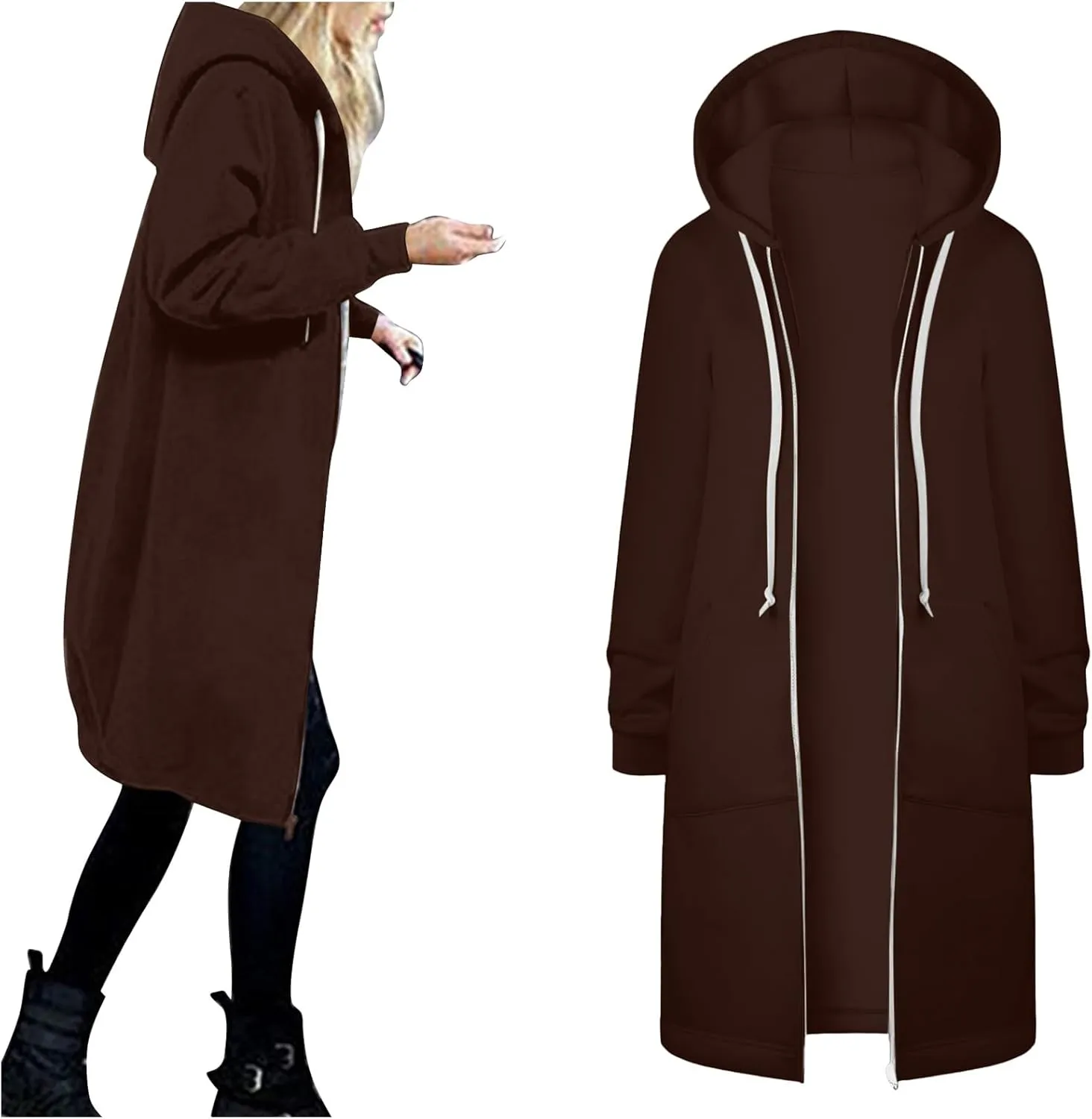 Zip Up Long Hoodies Womens Fleece Long Sleeve Oversized Jacket Fall Lightweight Tunic Hooded Sweatshirt with Pockets