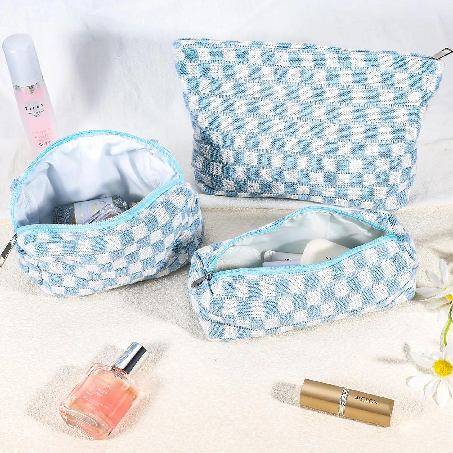 ZLFSRQ 3Pcs Checkered Makeup Bag for Women Large Small Checkered Cosmetic Bag Set Cute Aesthetic Blue Makeup Pouch for Purse Travel Toiletry Bags Preppy Pencil Bags Zipper Skincare Storage Organizer