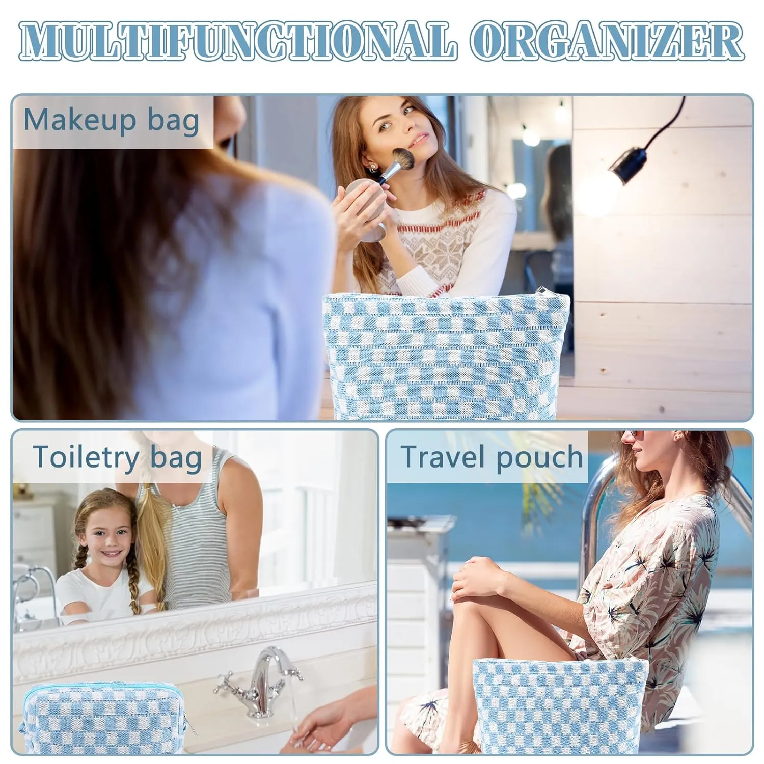 ZLFSRQ 3Pcs Checkered Makeup Bag for Women Large Small Checkered Cosmetic Bag Set Cute Aesthetic Blue Makeup Pouch for Purse Travel Toiletry Bags Preppy Pencil Bags Zipper Skincare Storage Organizer