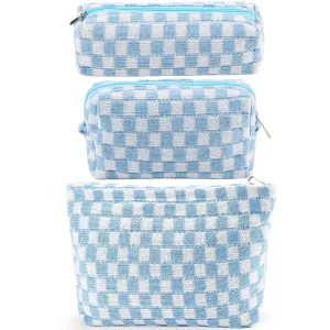 ZLFSRQ 3Pcs Checkered Makeup Bag for Women Large Small Checkered Cosmetic Bag Set Cute Aesthetic Blue Makeup Pouch for Purse Travel Toiletry Bags Preppy Pencil Bags Zipper Skincare Storage Organizer