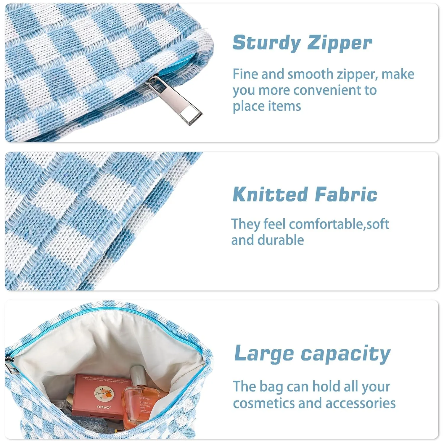 ZLFSRQ 3Pcs Checkered Makeup Bag for Women Large Small Checkered Cosmetic Bag Set Cute Aesthetic Blue Makeup Pouch for Purse Travel Toiletry Bags Preppy Pencil Bags Zipper Skincare Storage Organizer