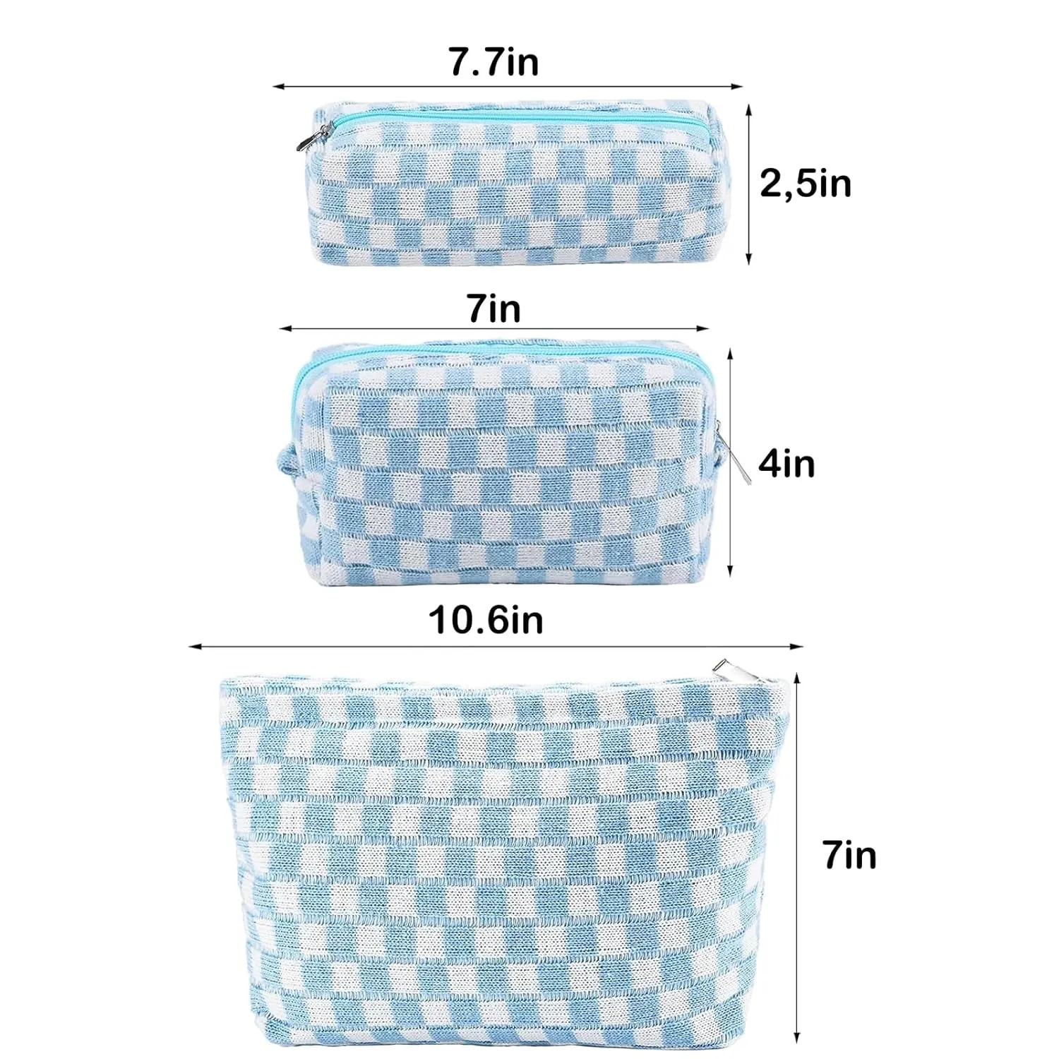 ZLFSRQ 3Pcs Checkered Makeup Bag for Women Large Small Checkered Cosmetic Bag Set Cute Aesthetic Blue Makeup Pouch for Purse Travel Toiletry Bags Preppy Pencil Bags Zipper Skincare Storage Organizer