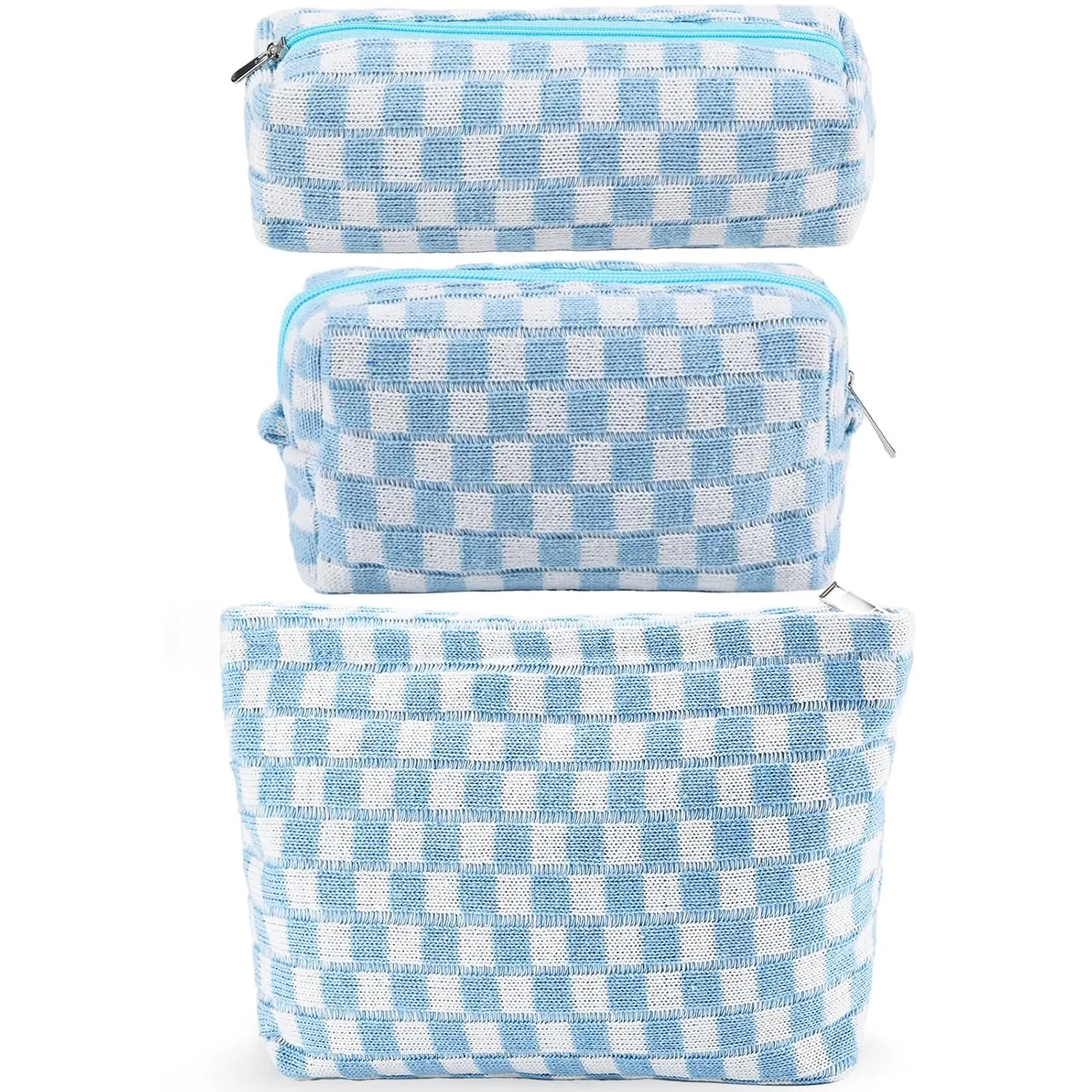 ZLFSRQ 3Pcs Checkered Makeup Bag for Women Large Small Checkered Cosmetic Bag Set Cute Aesthetic Blue Makeup Pouch for Purse Travel Toiletry Bags Preppy Pencil Bags Zipper Skincare Storage Organizer