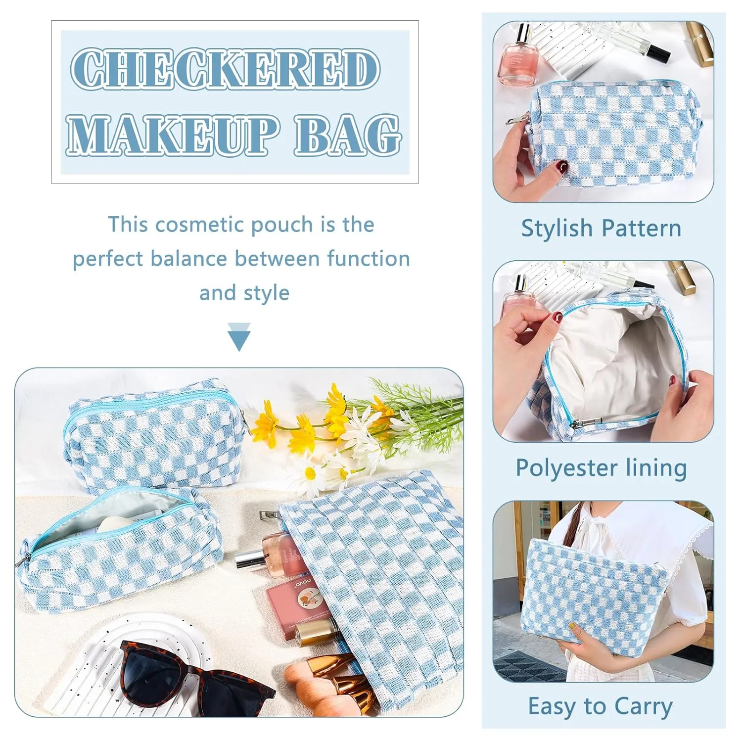 ZLFSRQ 3Pcs Checkered Makeup Bag for Women Large Small Checkered Cosmetic Bag Set Cute Aesthetic Blue Makeup Pouch for Purse Travel Toiletry Bags Preppy Pencil Bags Zipper Skincare Storage Organizer