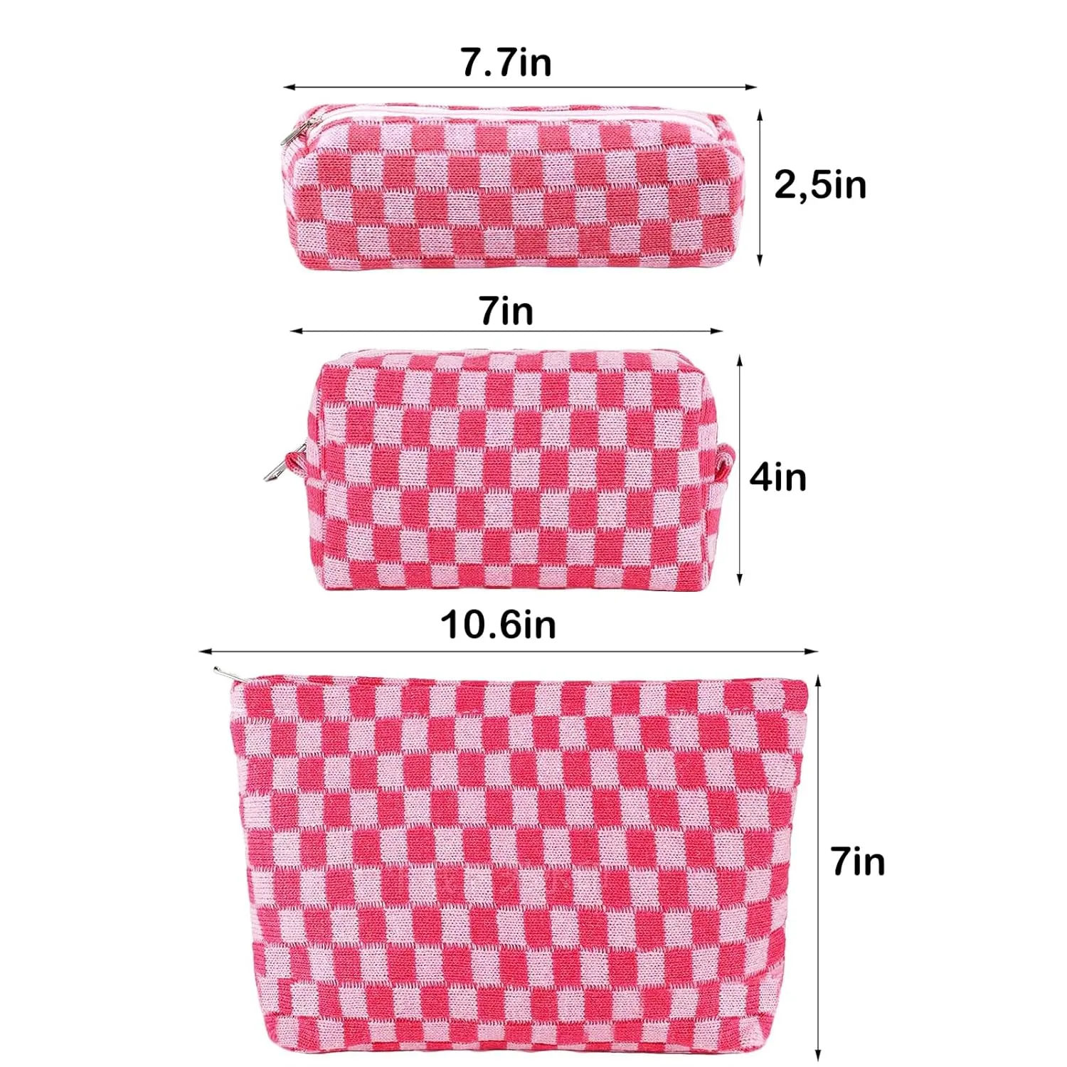 ZLFSRQ 3Pcs Checkered Makeup Bag for Women Large Small Checkered Cosmetic Bag Set Cute Aesthetic Pink Makeup Pouch for Purse Travel Toiletry Bags Preppy Pencil Bags Zipper Skincare Storage Organizer