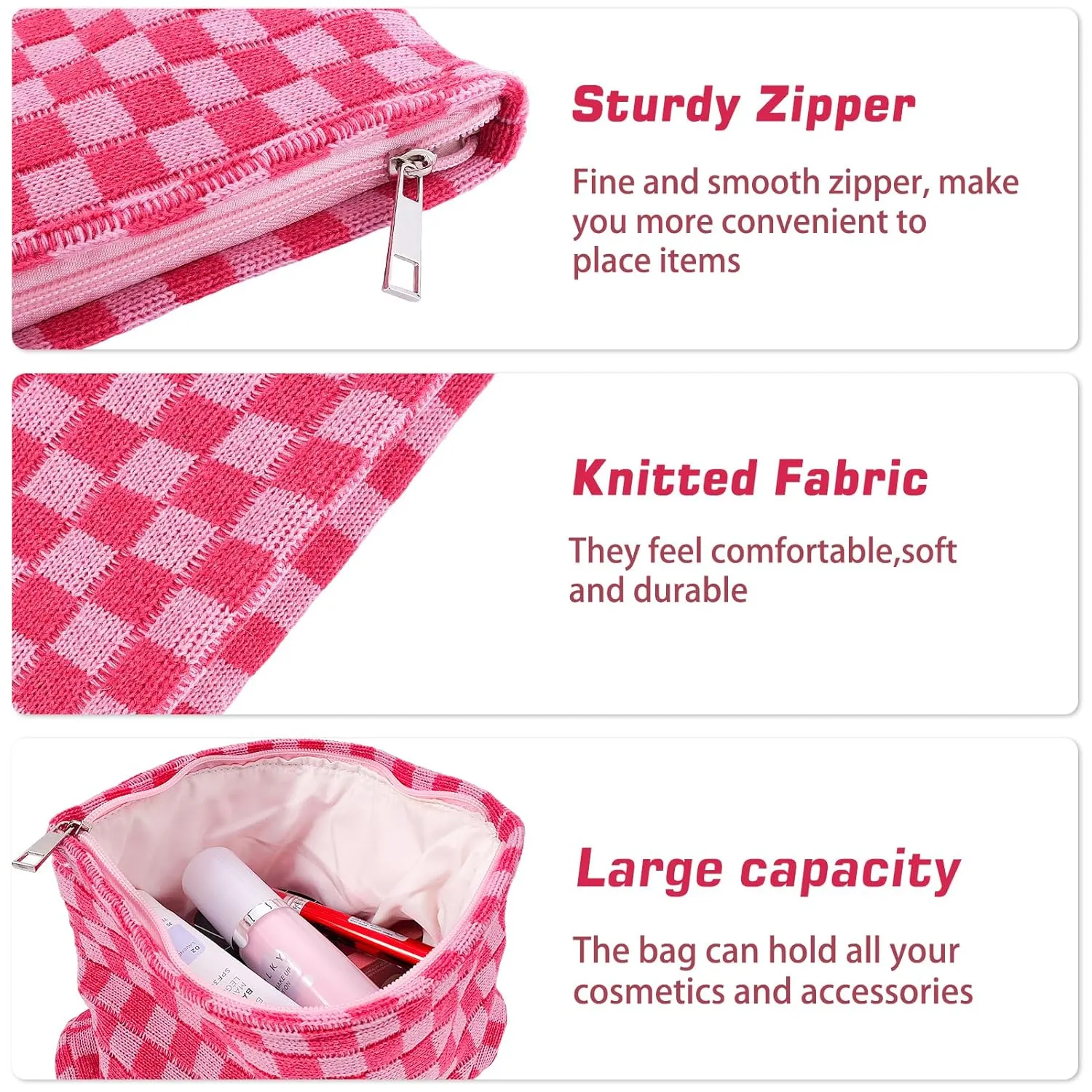 ZLFSRQ 3Pcs Checkered Makeup Bag for Women Large Small Checkered Cosmetic Bag Set Cute Aesthetic Pink Makeup Pouch for Purse Travel Toiletry Bags Preppy Pencil Bags Zipper Skincare Storage Organizer
