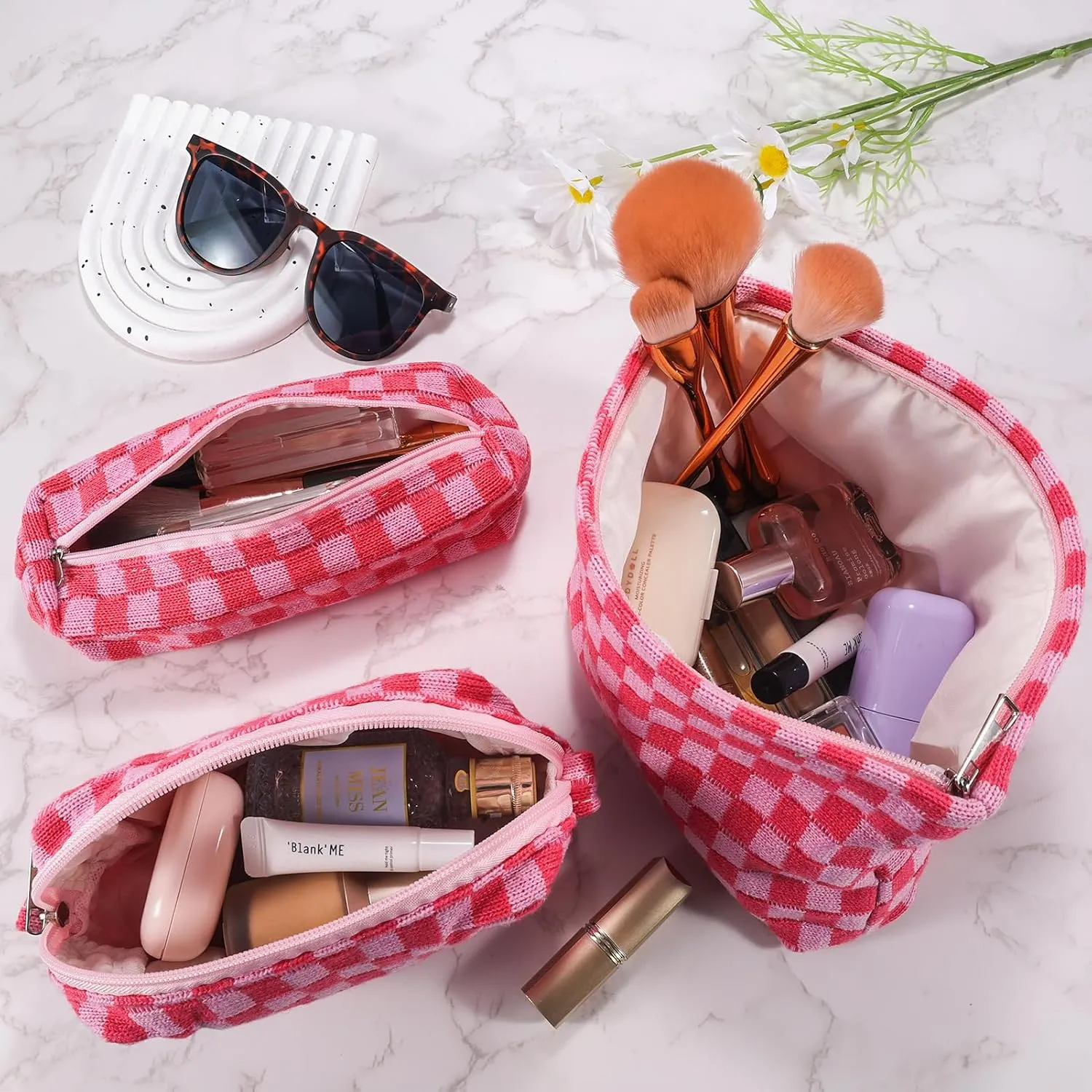 ZLFSRQ 3Pcs Checkered Makeup Bag for Women Large Small Checkered Cosmetic Bag Set Cute Aesthetic Pink Makeup Pouch for Purse Travel Toiletry Bags Preppy Pencil Bags Zipper Skincare Storage Organizer