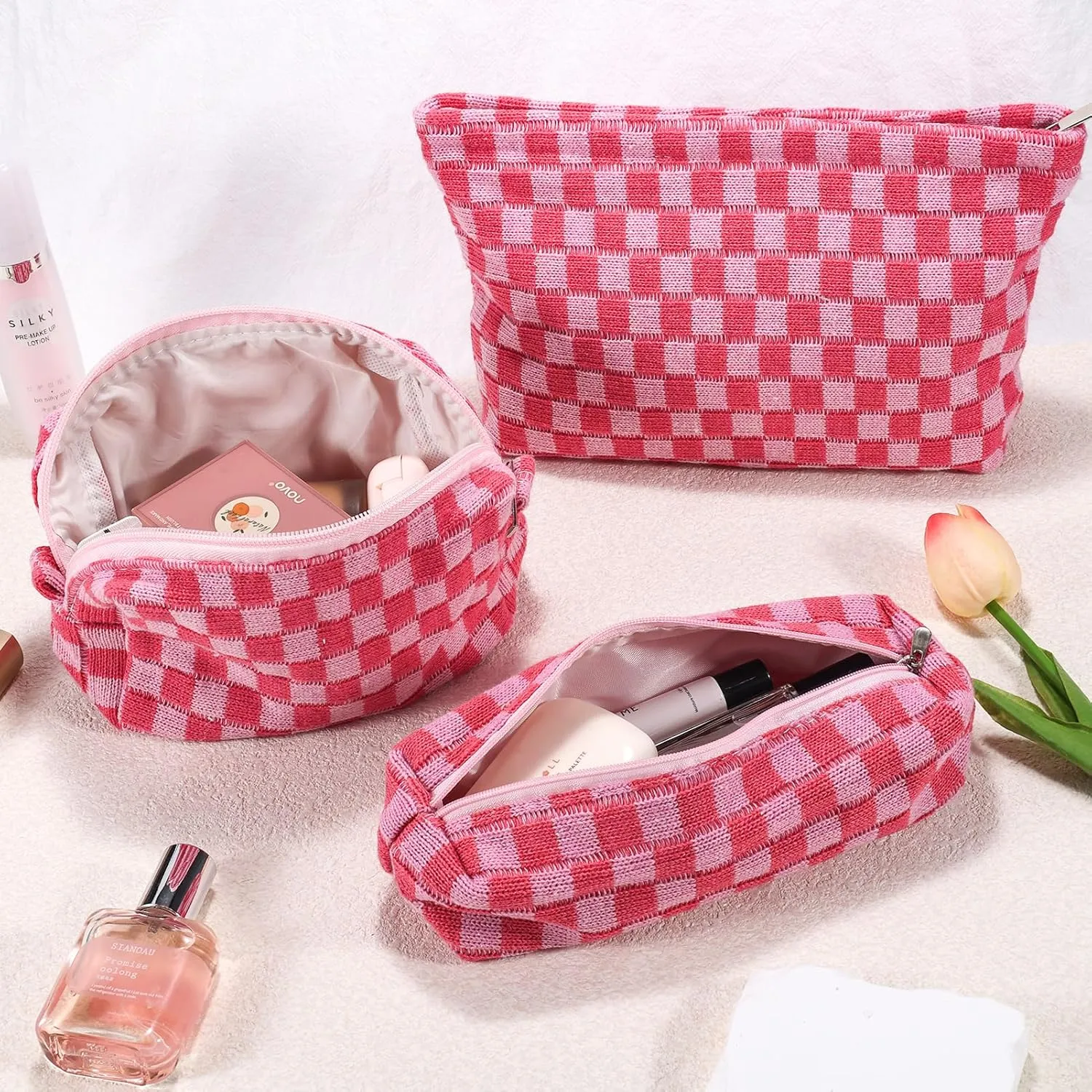 ZLFSRQ 3Pcs Checkered Makeup Bag for Women Large Small Checkered Cosmetic Bag Set Cute Aesthetic Pink Makeup Pouch for Purse Travel Toiletry Bags Preppy Pencil Bags Zipper Skincare Storage Organizer