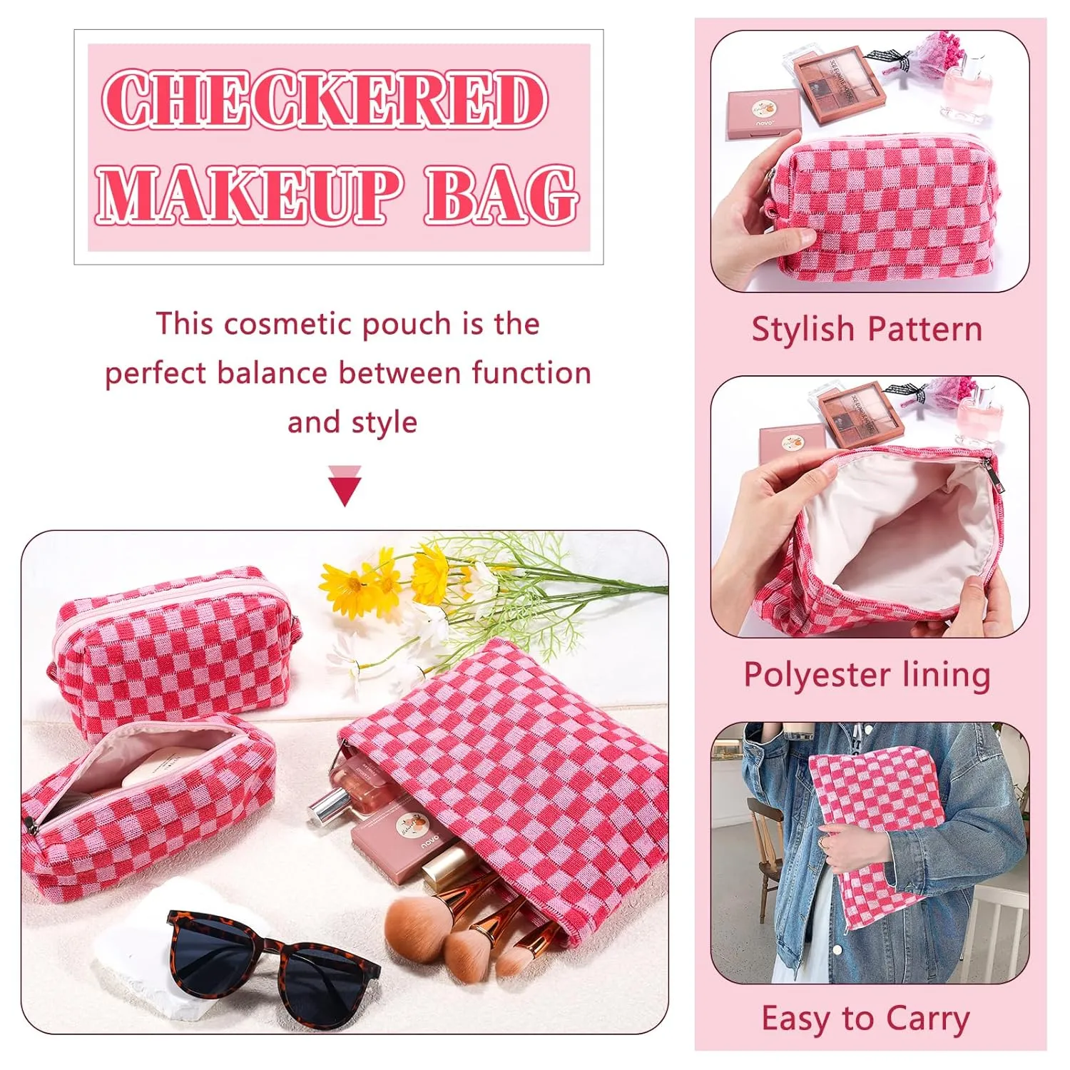 ZLFSRQ 3Pcs Checkered Makeup Bag for Women Large Small Checkered Cosmetic Bag Set Cute Aesthetic Pink Makeup Pouch for Purse Travel Toiletry Bags Preppy Pencil Bags Zipper Skincare Storage Organizer