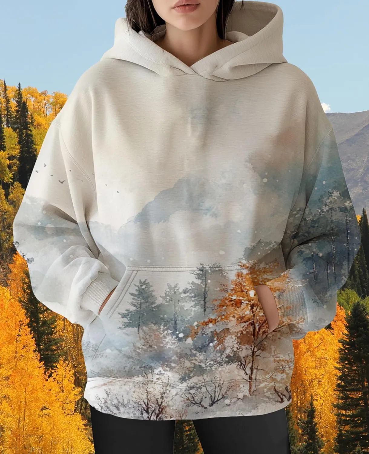 ZOCAVIA Womens Camo Hoodies Fall Winter Retro Long Sleeve Pullover Tops Casual Maple Leaf Graphic Hooded Sweatshirt Oversized