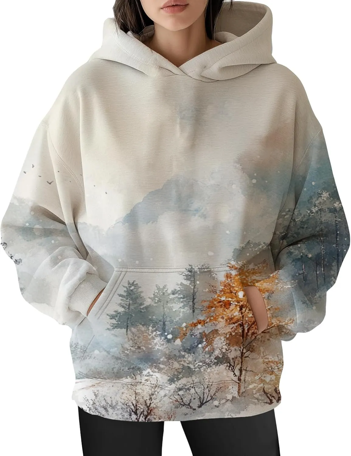 ZOCAVIA Womens Camo Hoodies Fall Winter Retro Long Sleeve Pullover Tops Casual Maple Leaf Graphic Hooded Sweatshirt Oversized