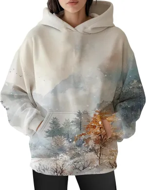 ZOCAVIA Womens Camo Hoodies Fall Winter Retro Long Sleeve Pullover Tops Casual Maple Leaf Graphic Hooded Sweatshirt Oversized