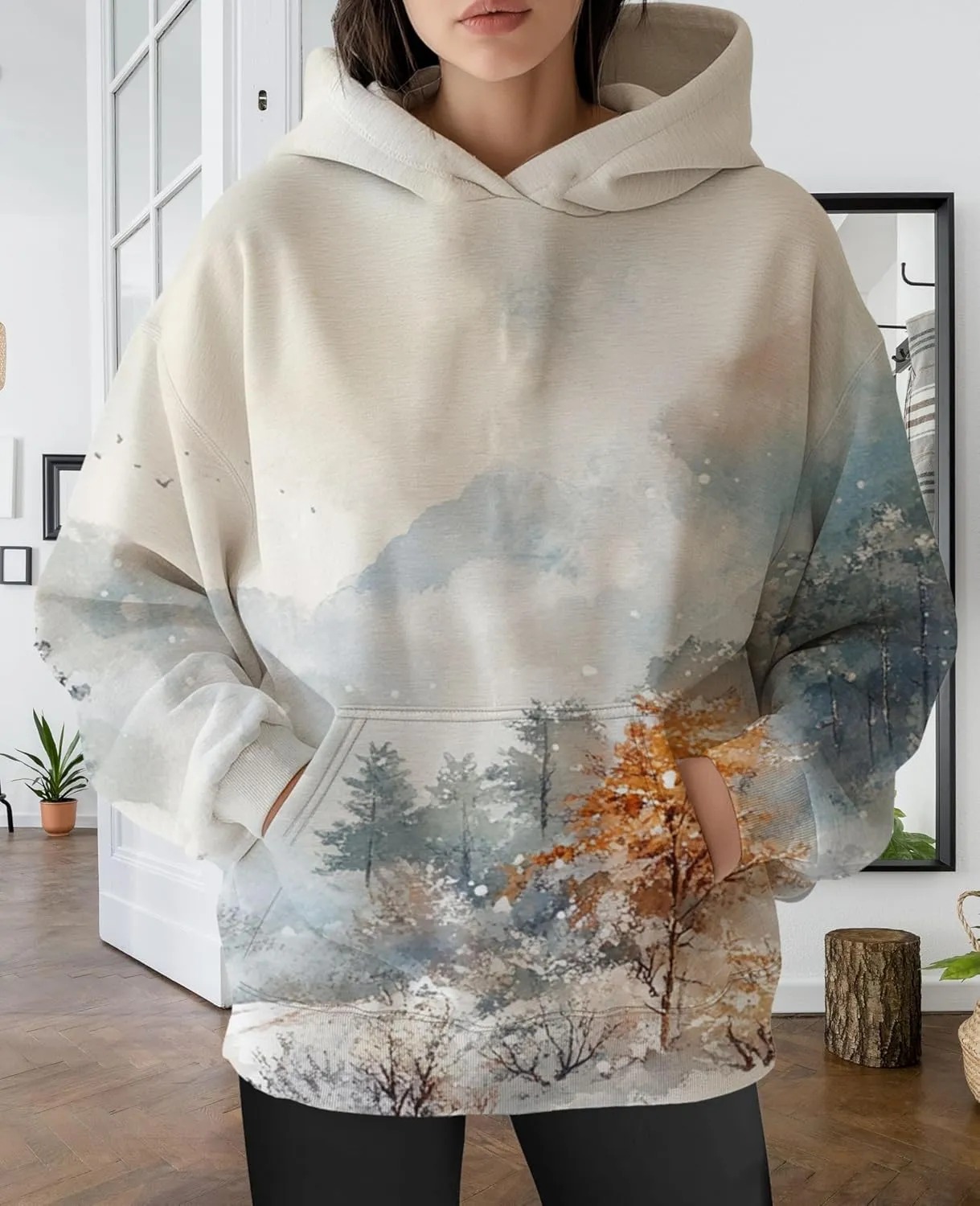ZOCAVIA Womens Camo Hoodies Fall Winter Retro Long Sleeve Pullover Tops Casual Maple Leaf Graphic Hooded Sweatshirt Oversized